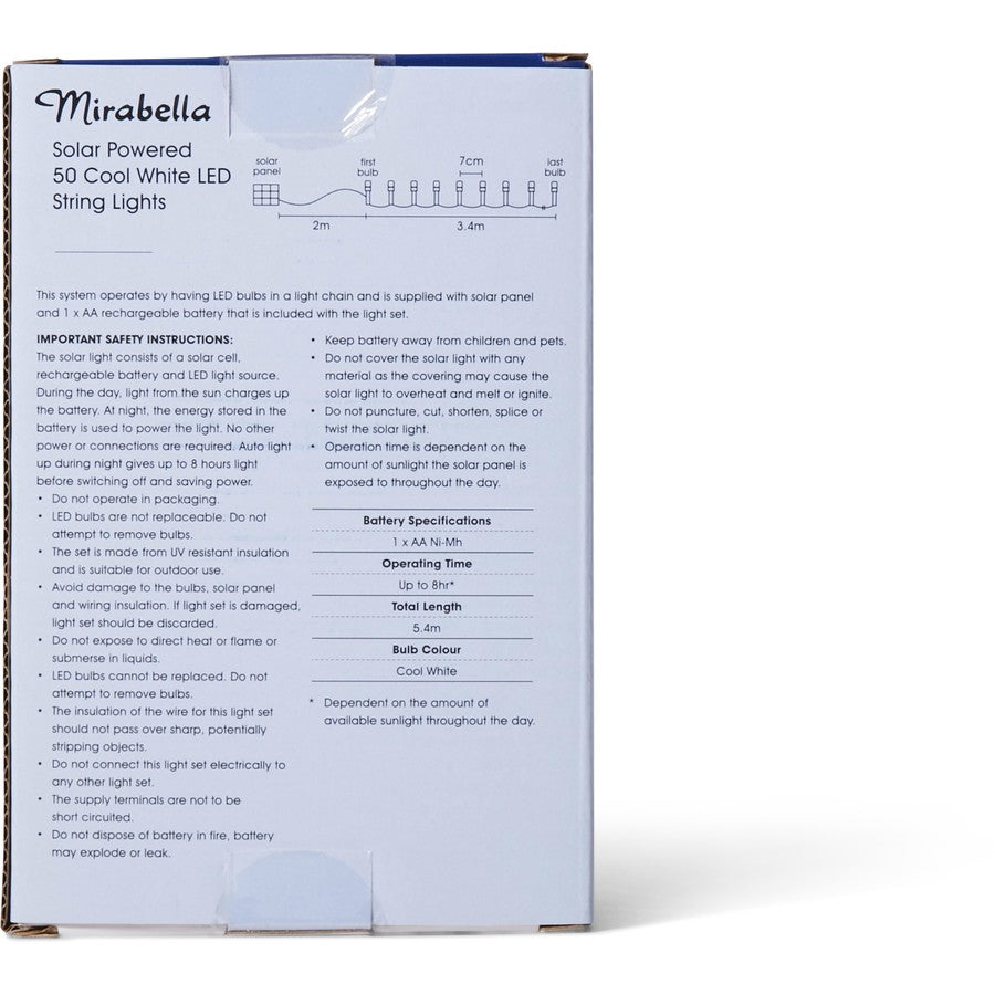 Mirabella Christmas Solar Powered 50 LED String Lights - White - TheITmart