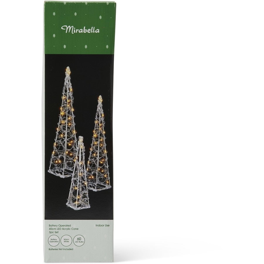 Mirabella Christmas Battery operated 40 LED Arcrylic Cone 3 Piece Set