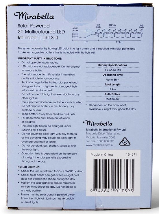 Mirabella Christmas Solar Powered 30 LED Reindeer Light Set - Multicolour - TheITmart