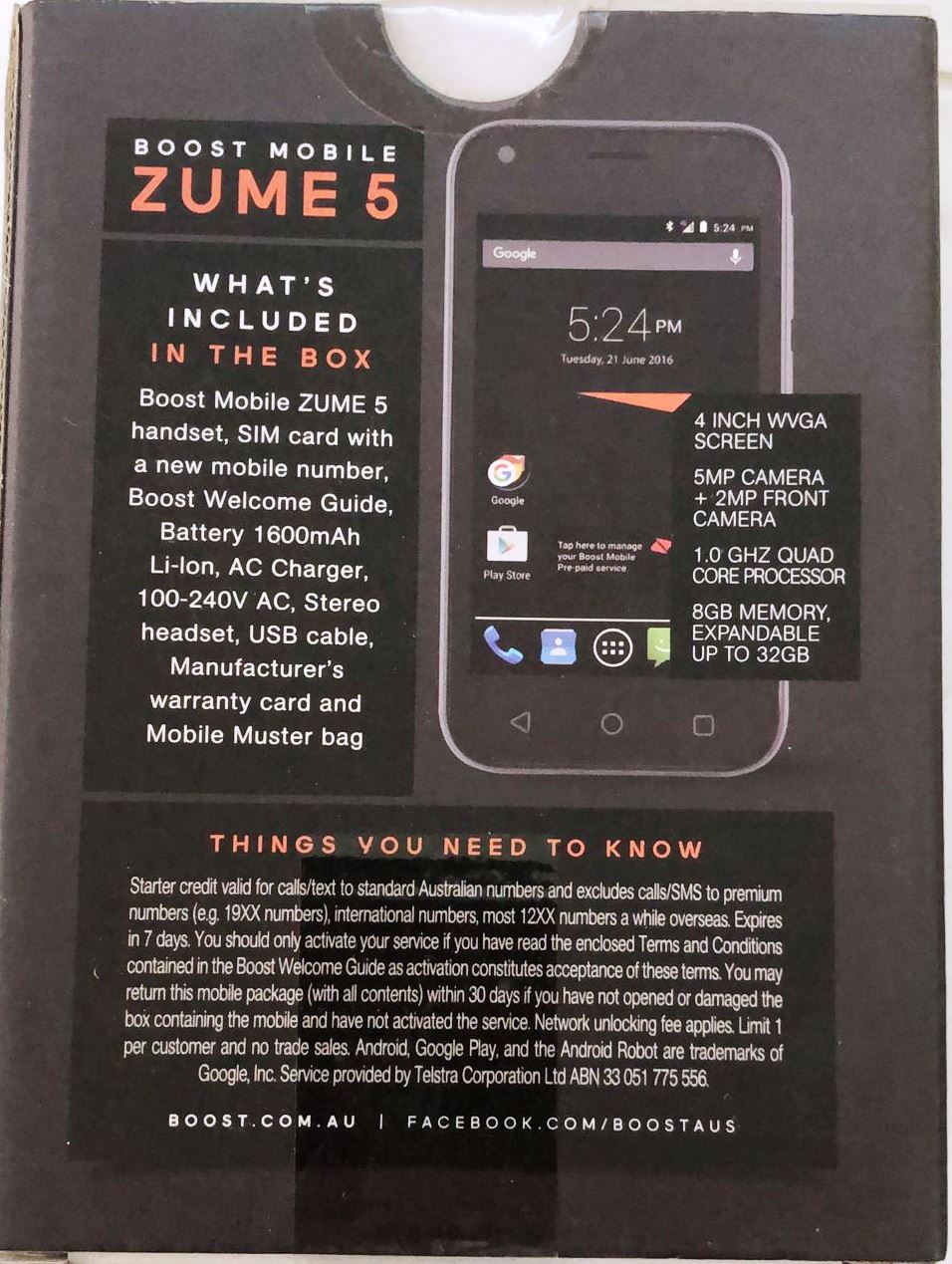 Boost Mobile ZUME 5 4G Smart Phone Locked to Boost & Telstra - Black