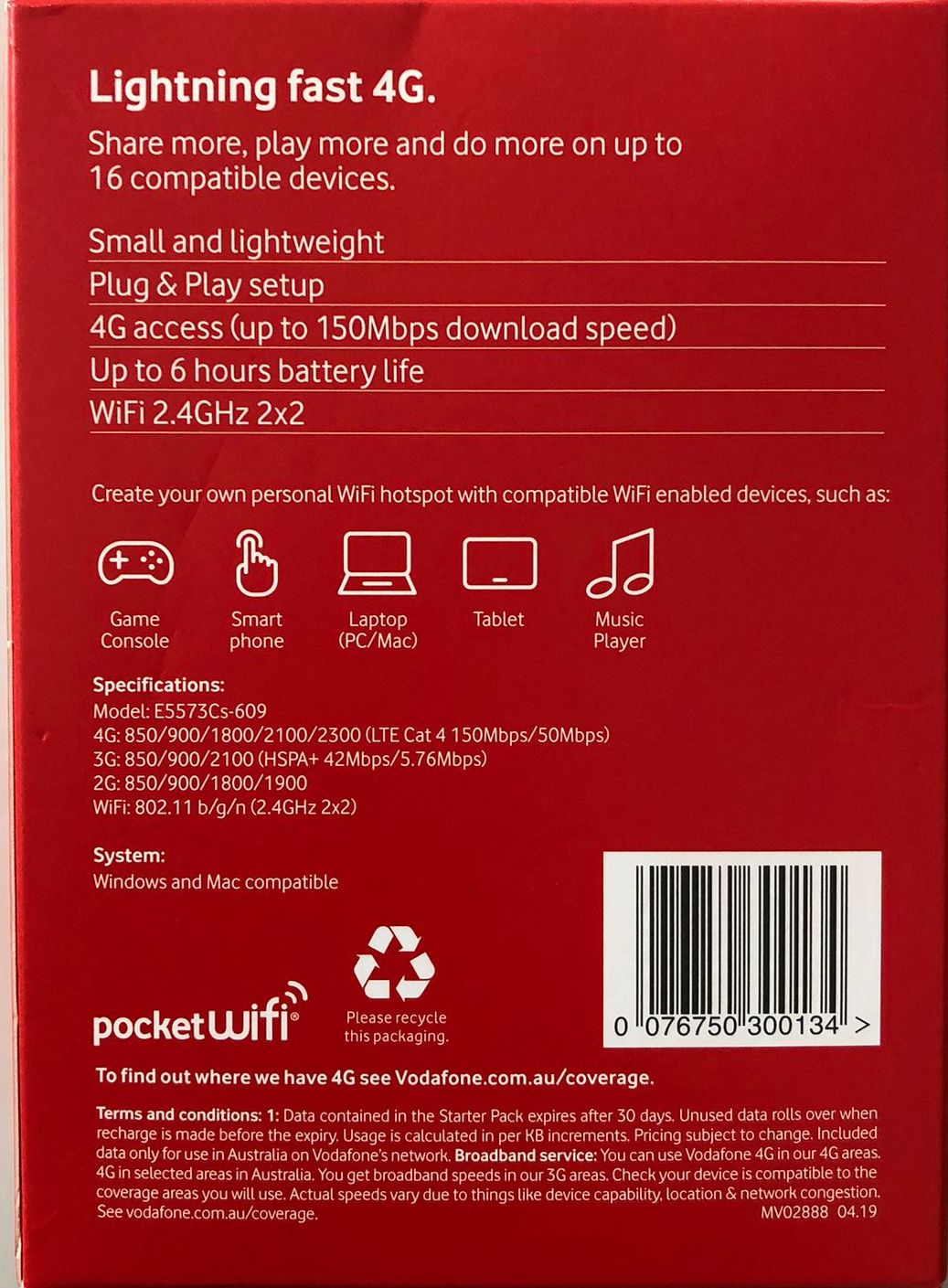 Vodafone Pocket Wifi 2 4G with $30 Starter Pack - Black / Windows & Mac Compatible