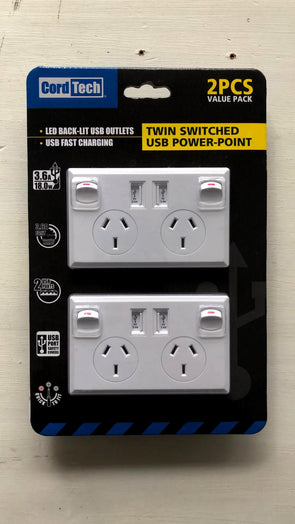 CordTech Twin Switched USB Power-Point - White / 2pcs Value Pack