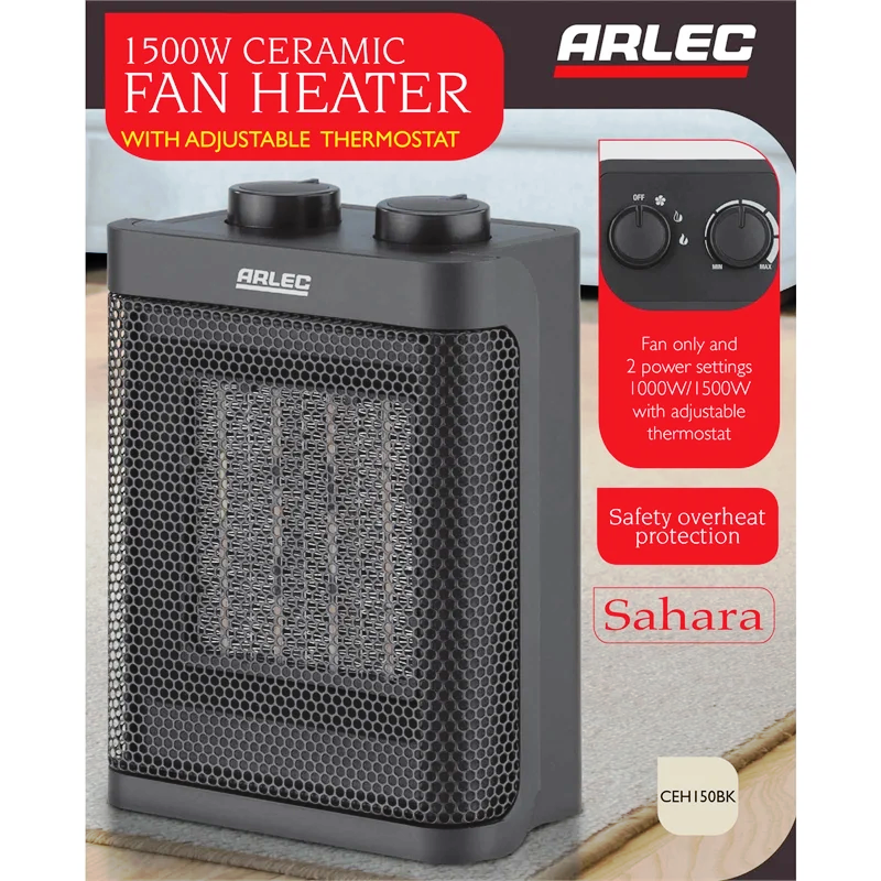 Arlec 1500W Black Portable Ceramic Fan Heater / 2 Power Settings/ Overheat Protection - TheITmart