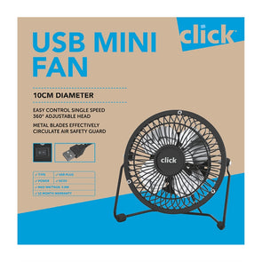 Click 10cm Portable Mini Black USB Desk Fan with 3 Silver Aluminum Blades