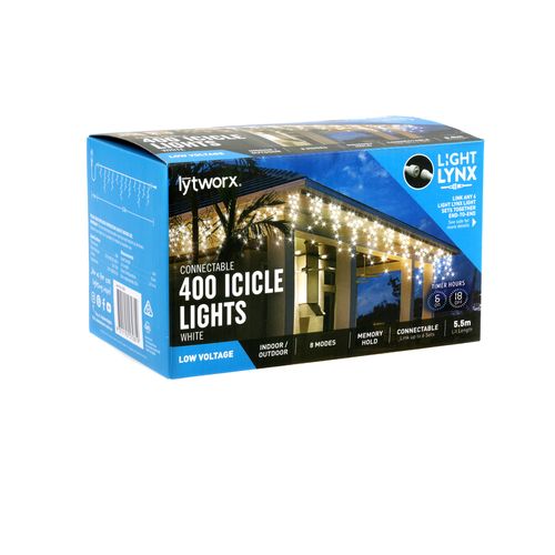 Lytworx White 400 LED 5.5m Connectable Icicle Lights 8 Function