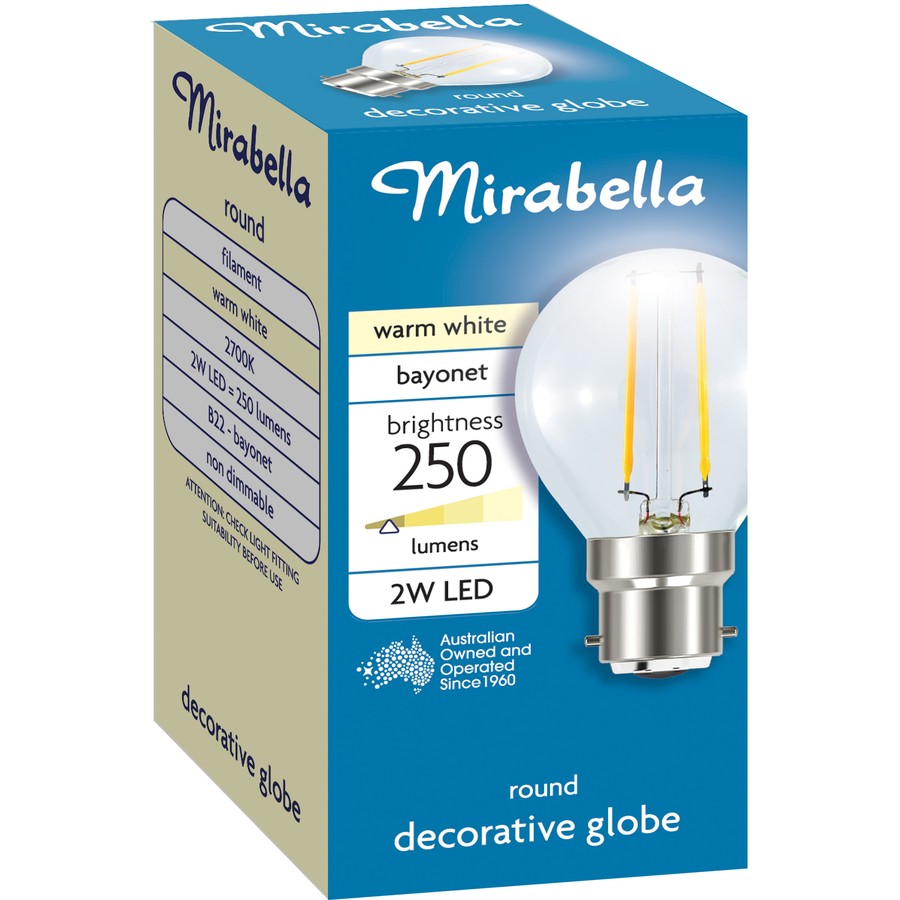 Mirabella LED BC Round 2W Warm White Globe - 2 Pack - TheITmart