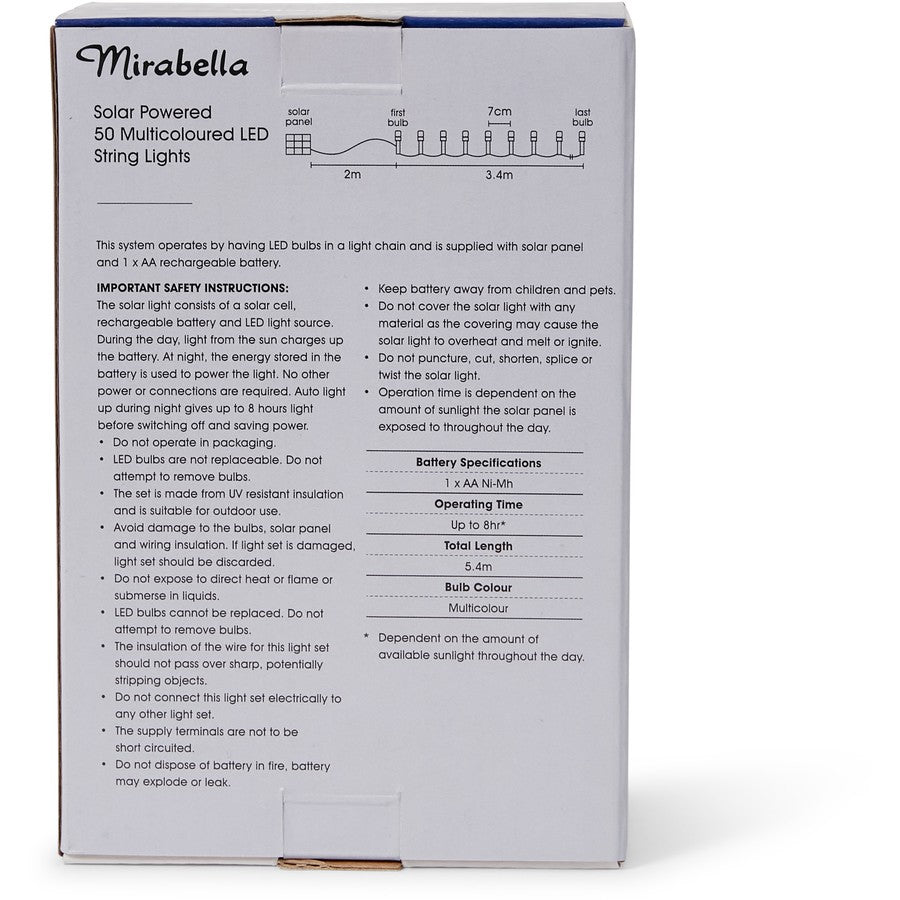 Mirabella Christmas Solar Powered 50 LED String Lights  - Multicoloured