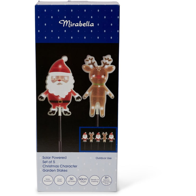 Mirabella Christmas Solar Powered Santa Garden Stakes 5 Pack - Cool White