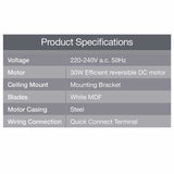 Arlec 120cm White 4 Blade LED Ceiling Fan/ 6 Speed Remote Control/ Reverse Function - TheITmart