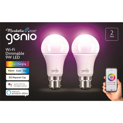 Mirabella 9W 800lm RGB And White Genio Smart Wi-Fi Glass LED BC Light Globe - 2 Pack