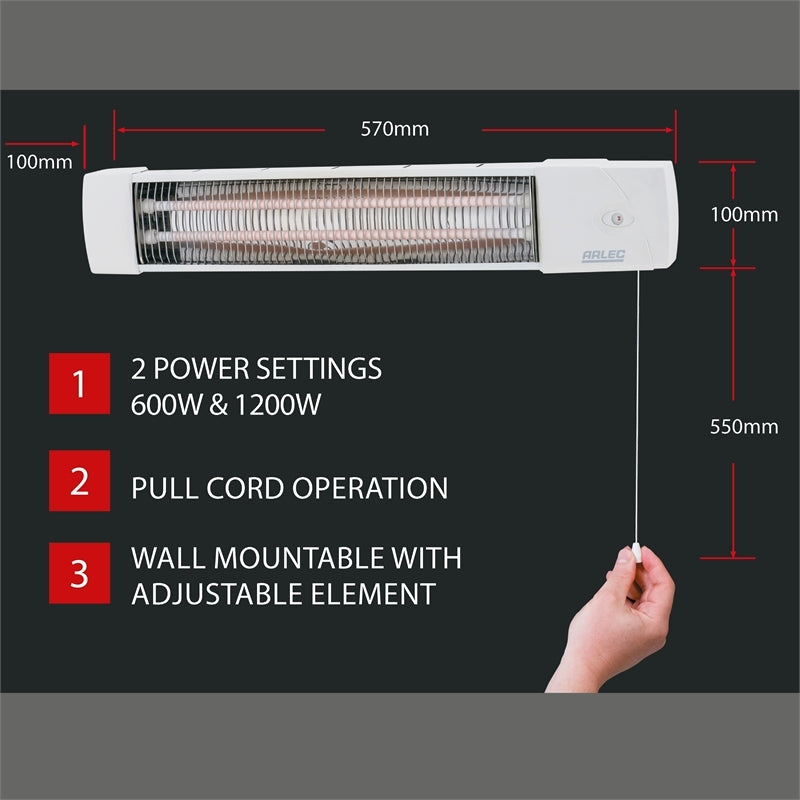 Arlec 1200W 2 Bar Radiant Strip Heater/2 SETTINGS/PULL CORD/WALL MOUNTABLE - TheITmart