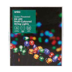 Solar Powered 24 LED Multi-Coloured String Lights / For Outdoor Use