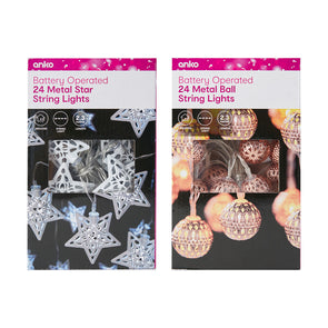 Battery Operated 24 Metal String Lights - Assorted