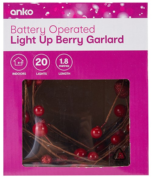 Anko Battery Operated 20 Light Up Berry Garland/Red/White