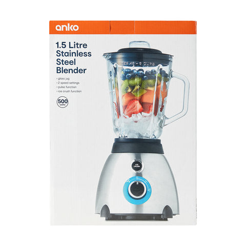 Anko 1.5L Stainless Steel Blender - Glass Jug