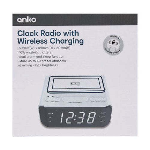 Anko Clock Radio with Wireless Charger - White / Dimming Clock / 40 Preset Channels