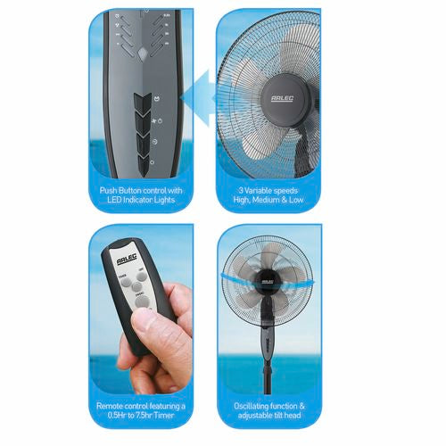 Arlec 40cm Black Pedestal Fan With Remote Control / Oscillating Head - TheITmart