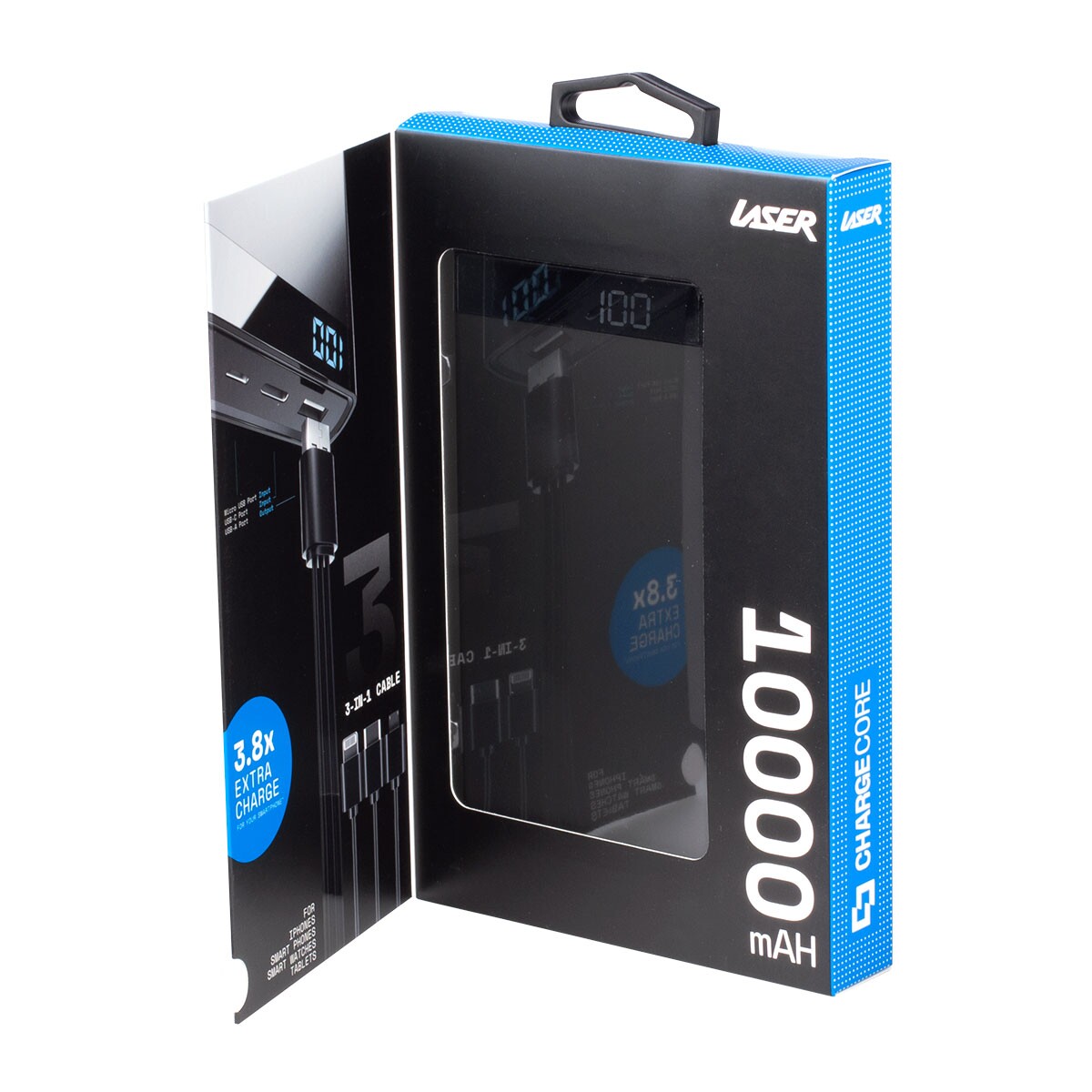 Laser 10000mAh Power Bank with 3-in-1 Cable - Black- Pink - White - TheITmart