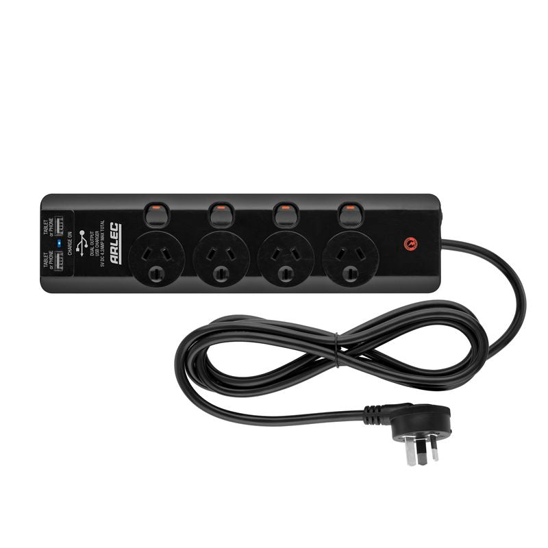 Arlec Black 4 Outlet 2 x USB Port Surge Protect Powerboard - TheITmart