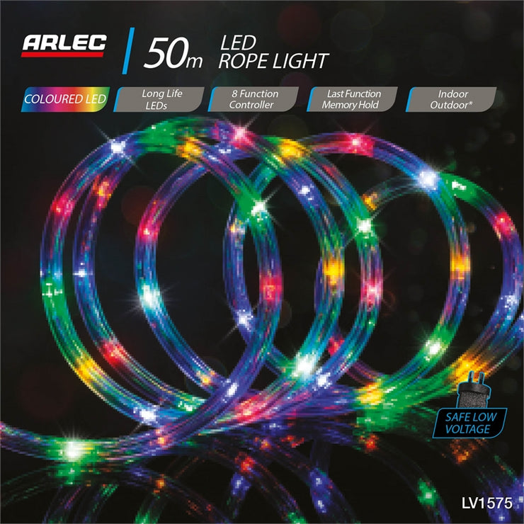 Arlec 50m Low Voltage Multi-Colour 1200 LED Rope Light/8 Functions/Ind ...