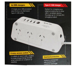 Nu-Tec 6 Outlet Powerboard 15W Type C/4 USB Charging Ports/Overload Protection - TheITmart