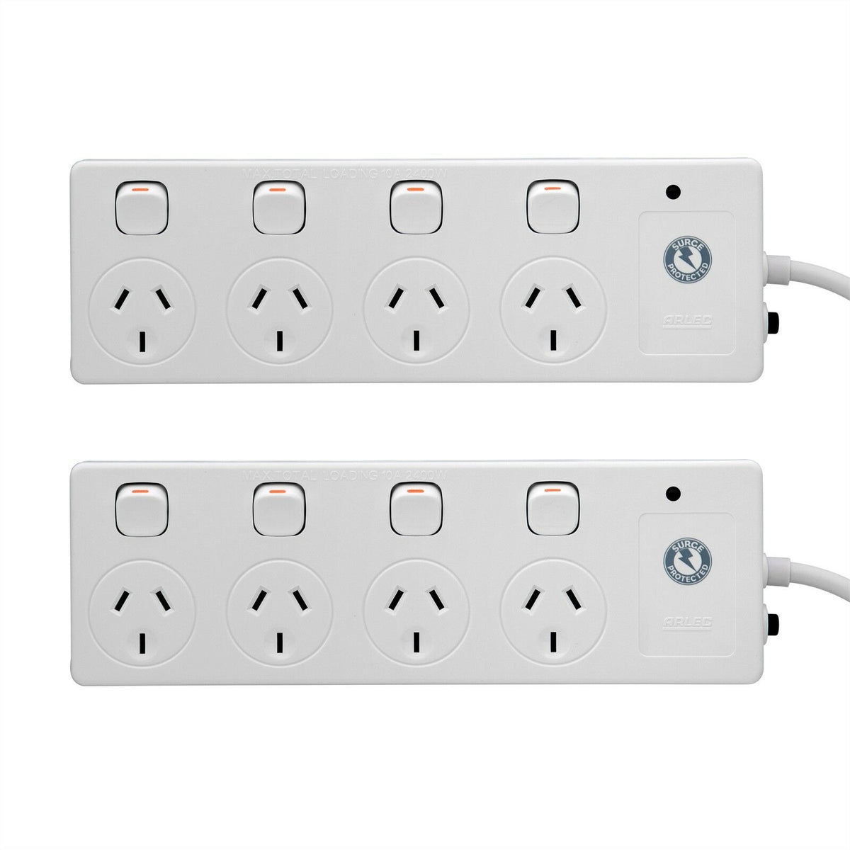 Arlec White 4 Outlet Surge Protected Powerboard/10A 2400W/ - 2 Pack - TheITmart
