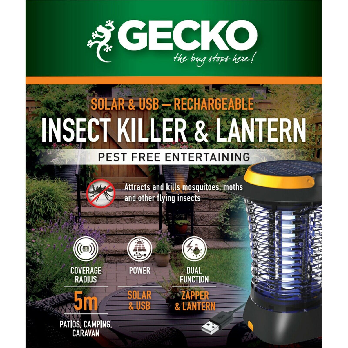 Gecko Cordless Lantern Zapper Solar & USB Rechargeable for Patio Picnic Camping - TheITmart