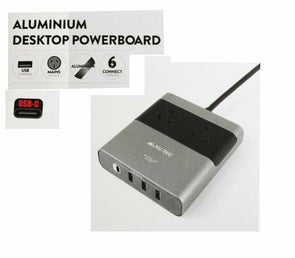 Nu-Tec Aluminium Desktop Powerboard/2 USB/USB-C/2 Mains Outlets for 6 Devices - TheITmart