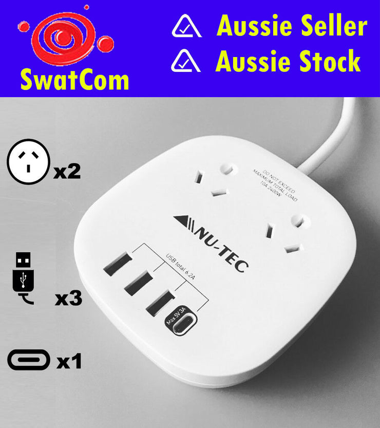 NuTec Twin Outlet C-Port Powerboard 3 USB/Type-C Charging Ports 2 power Outlets - TheITmart