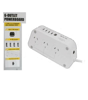 Nu-Tec 6 Outlet Powerboard 15W Type C/4 USB Charging Ports/Overload Protection - TheITmart