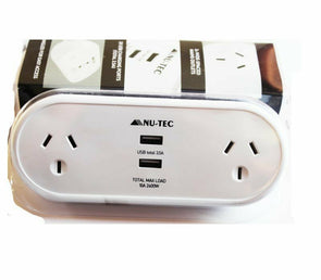 Nu-Tec Desktop Powerboard/2 Usb Ports 2 Wide Spaced Mains Outlets For 4 Devices - TheITmart