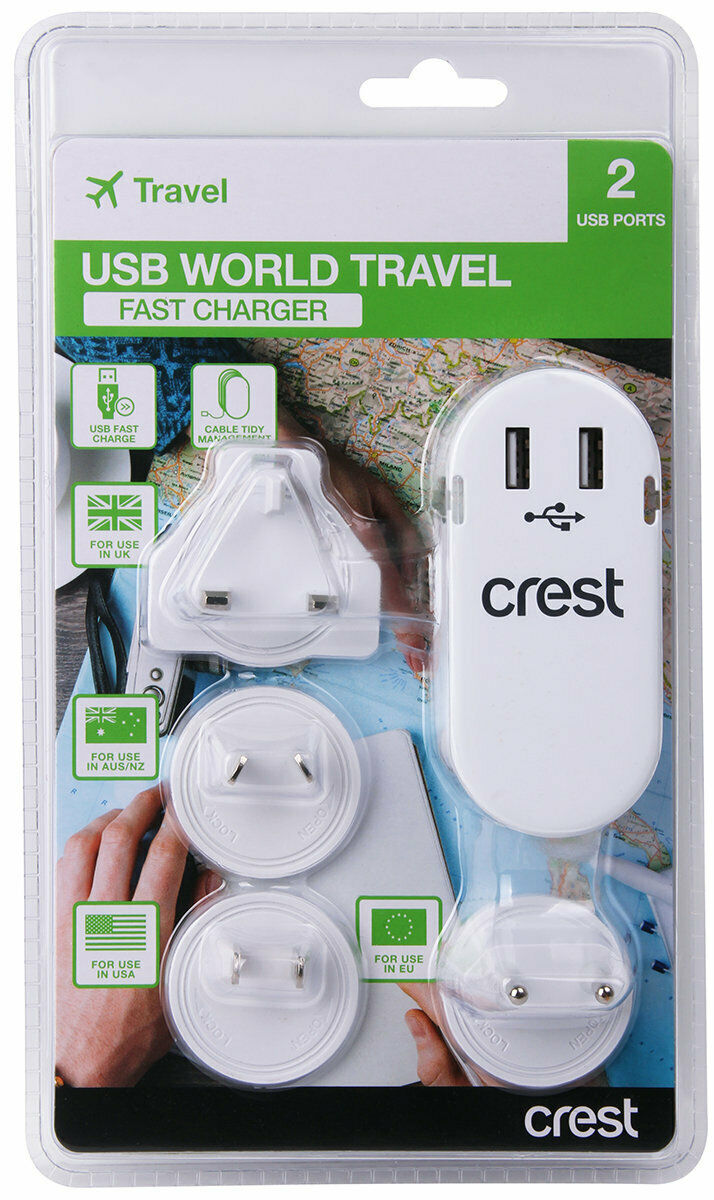 Crest PWA06025 USB World Travel Fast Charger 2 Fast USB ports for UK/USA/AUS/EU - TheITmart