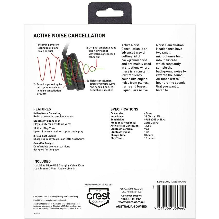 Liquid Ears Active Noise Cancelling Bluetooth Over-Ear Headphones - Black - TheITmart