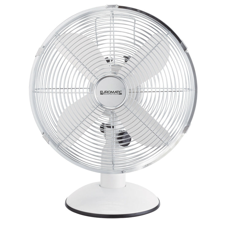 Euromatic 30cm White Desk Fan/4 Blades/Stable Base/3 Speed Settings/Oscillating - TheITmart