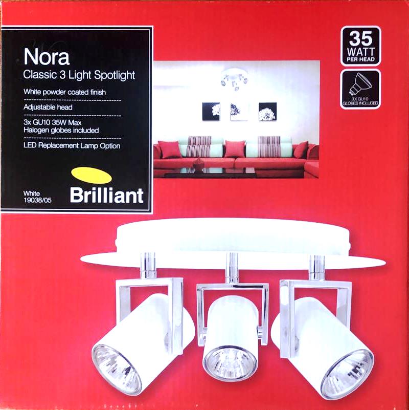 Brilliant White Nora Classic 3 Light Spotlight / 3 x GU10 35W Max Halogen Globes Included
