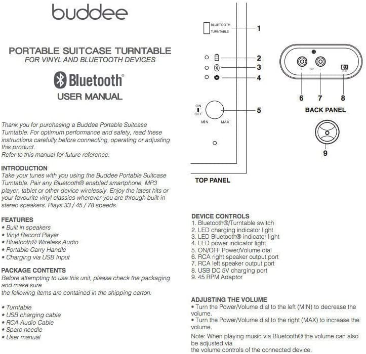 Buddee Portable Suitcase Turntable - Black /BT Stereo Out Speakers Rechargeable