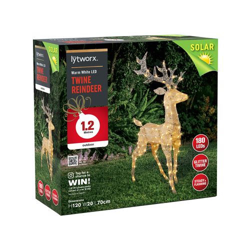 Lytworx 1.2m Warm White Solar Glitter Twine Reindeer Statue / 2 Functions/ Outdoor - TheITmart