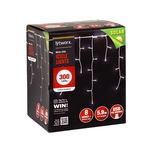 Lytworx 5.9m Solar & USB 300 LED Icicle Lights-White/8 Modes - TheITmart