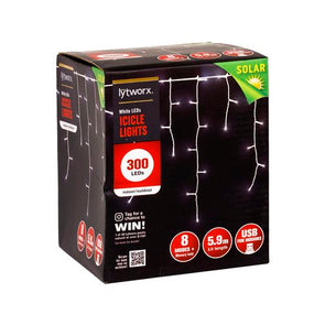 Lytworx 5.9m Solar & USB 300 LED Icicle Lights-White/8 Modes