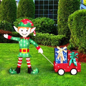 Lytworx 93cm 140 Warm White Elf With Wagon/Tinsel Fabric Design