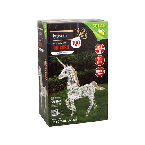 Festive Xmas Lytworx 100cm 70 Cool White LED Solar Unicorn Statue