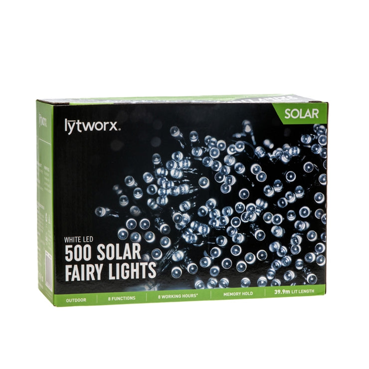Lytworx 500 LED White Solar Fairy Lights/39.9m/Auto Sensor/8 Modes/Run For 8h