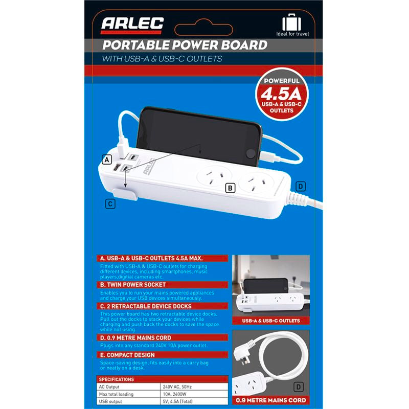 ARLEC PORTABLE POWER BOARD WITH USB-A & USB-C OUTLETS - TheITmart