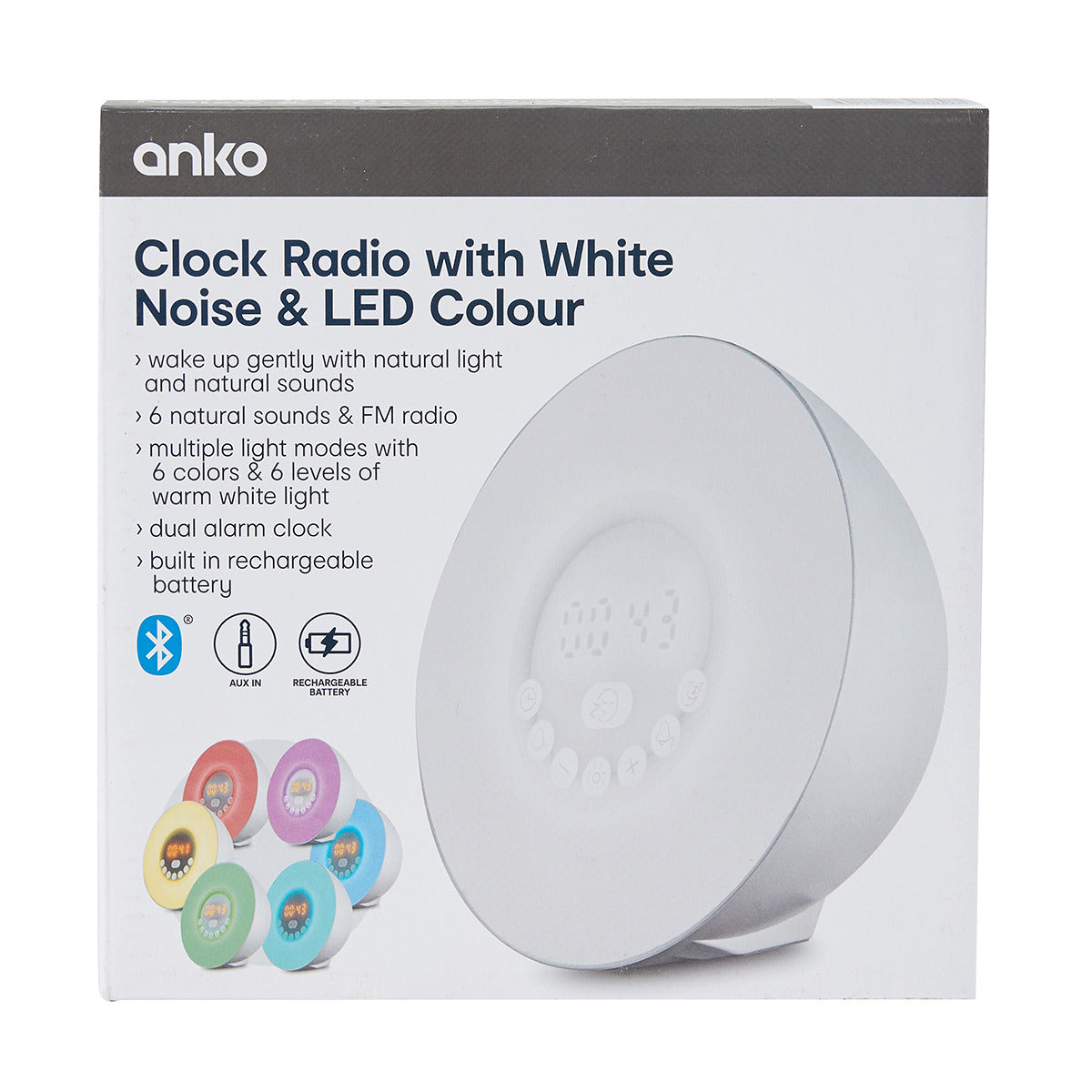 Anko White Clock Radio with White Noise & LED Colour