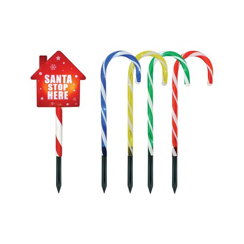 Mirabella Festive Santa Stop Here House & 4 Candy Canes Stake Lights
