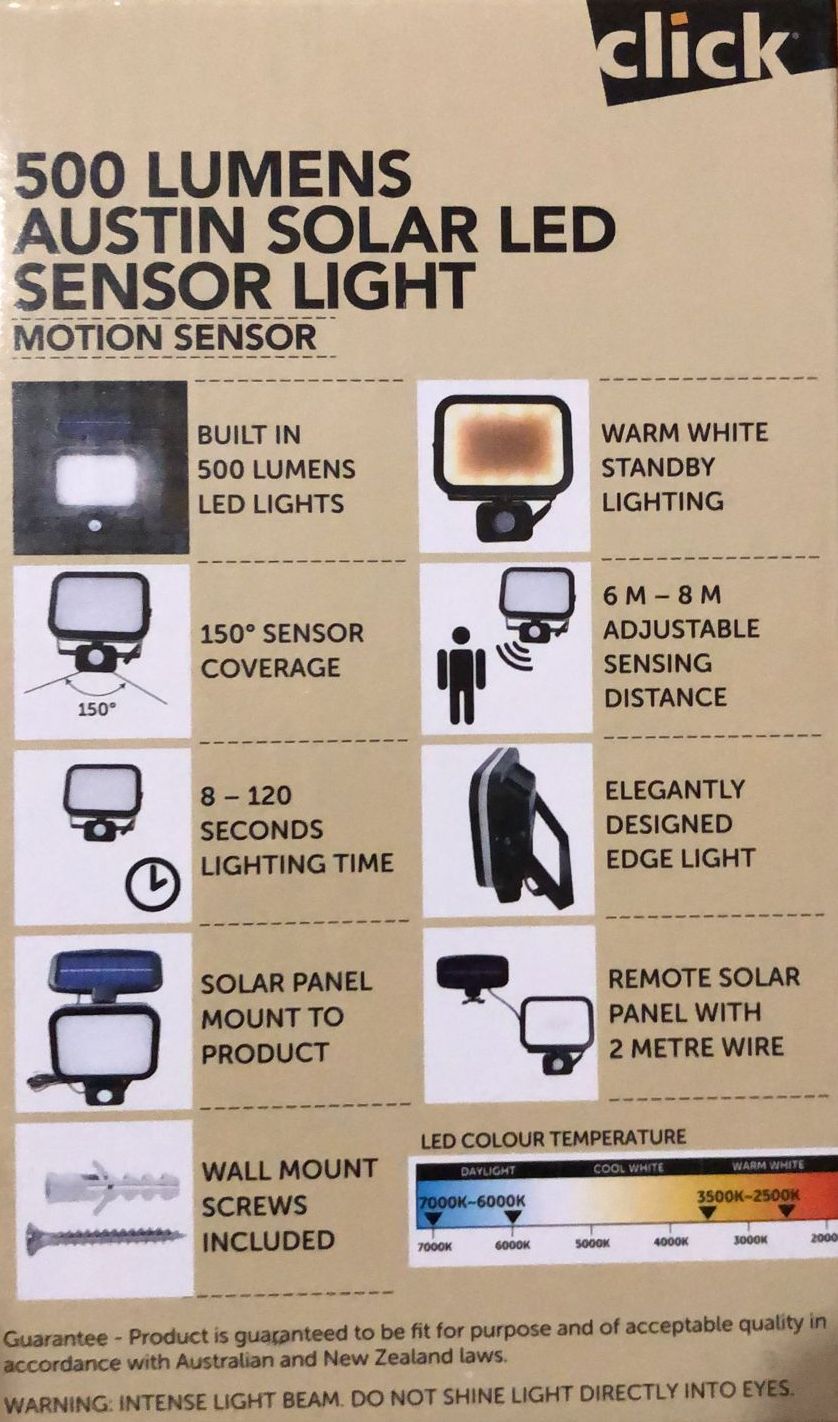 Click 500 Lumens Austing Solar LED Sensor Light