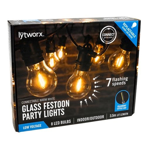 Lytworx 3.5m Low Voltage Warm White Glass Festoon Party Lights - 8 Bulbs - TheITmart