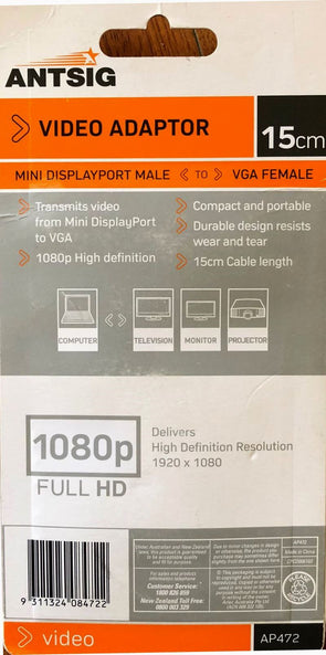 ANTSIG Video Adaptor Mini DisplayPort Male to VGA Female 15cm