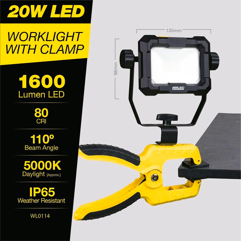 Arlec 20W 1600lm LED Worklight With Spring Clamp/Weatherproof