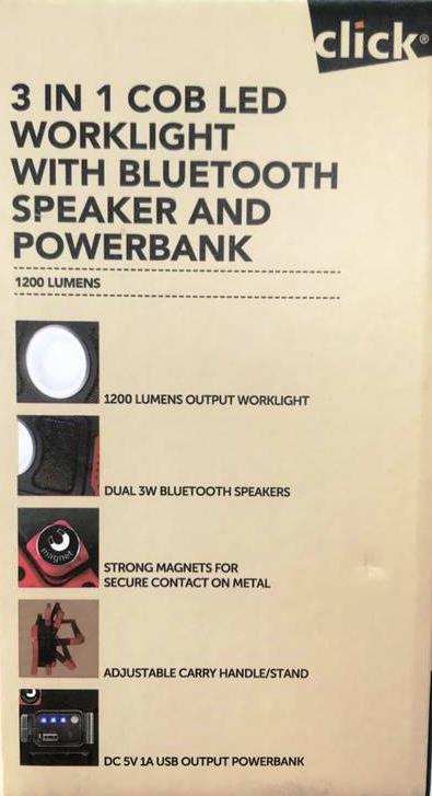 Click 3 In 1 Cob LED Worklight With Bluetooth Speaker and PowerBank 1200 Lumens